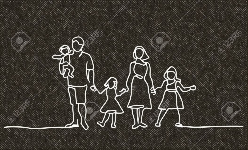 Continuous one line drawing. Happy family father and mother with three children. Vector illustration.
