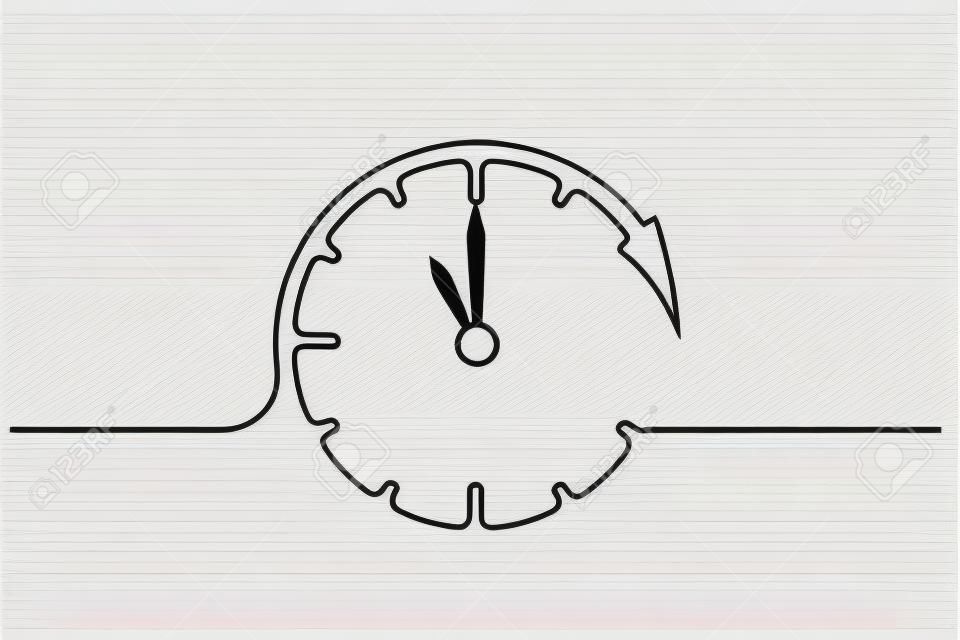 Continuous one line drawing. Clock with arrows icon on white background. Vector illustration for banner, web, design element, template, postcard.