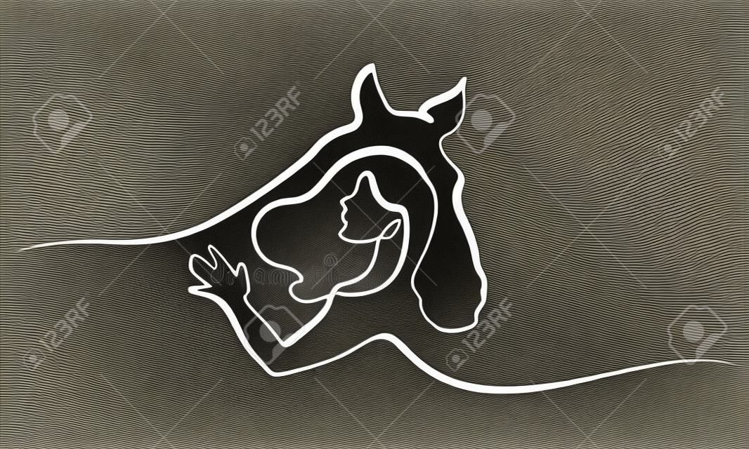 Dibujo continuo de una línea. Cabezas de caballo y mujer. Ilustración de vector de blanco y negro.