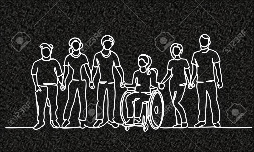 Grupa ludzi trzyma się za ręce. Przyjaciele razem z niepełnosprawnymi. Jedna ciągła ilustracja wektorowa rysowania linii.