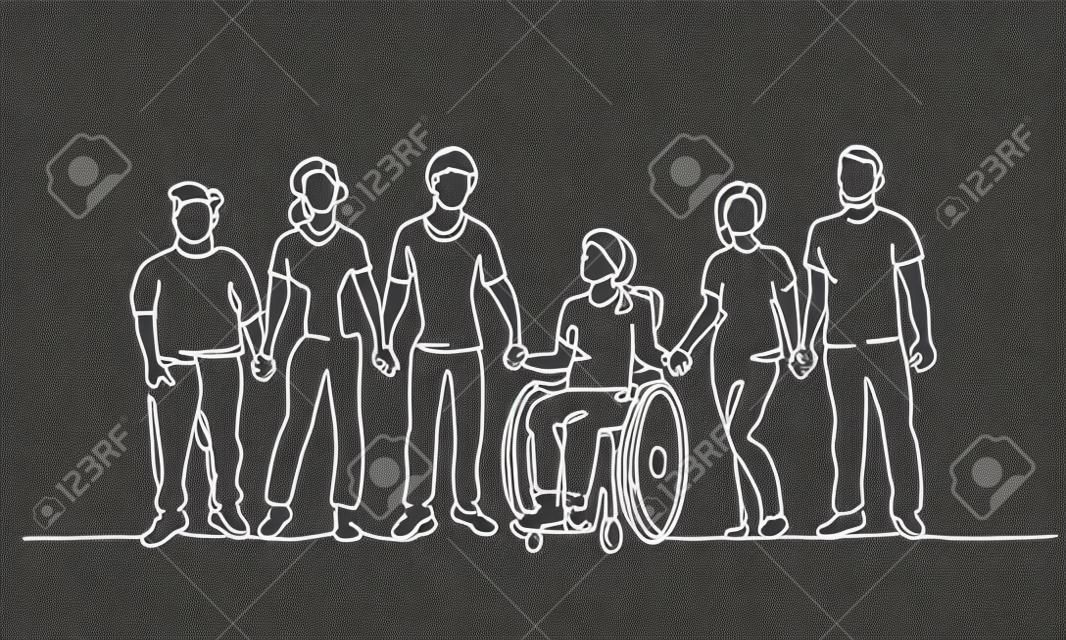 Grupa ludzi trzyma się za ręce. Przyjaciele razem z niepełnosprawnymi. Jedna ciągła ilustracja wektorowa rysowania linii.