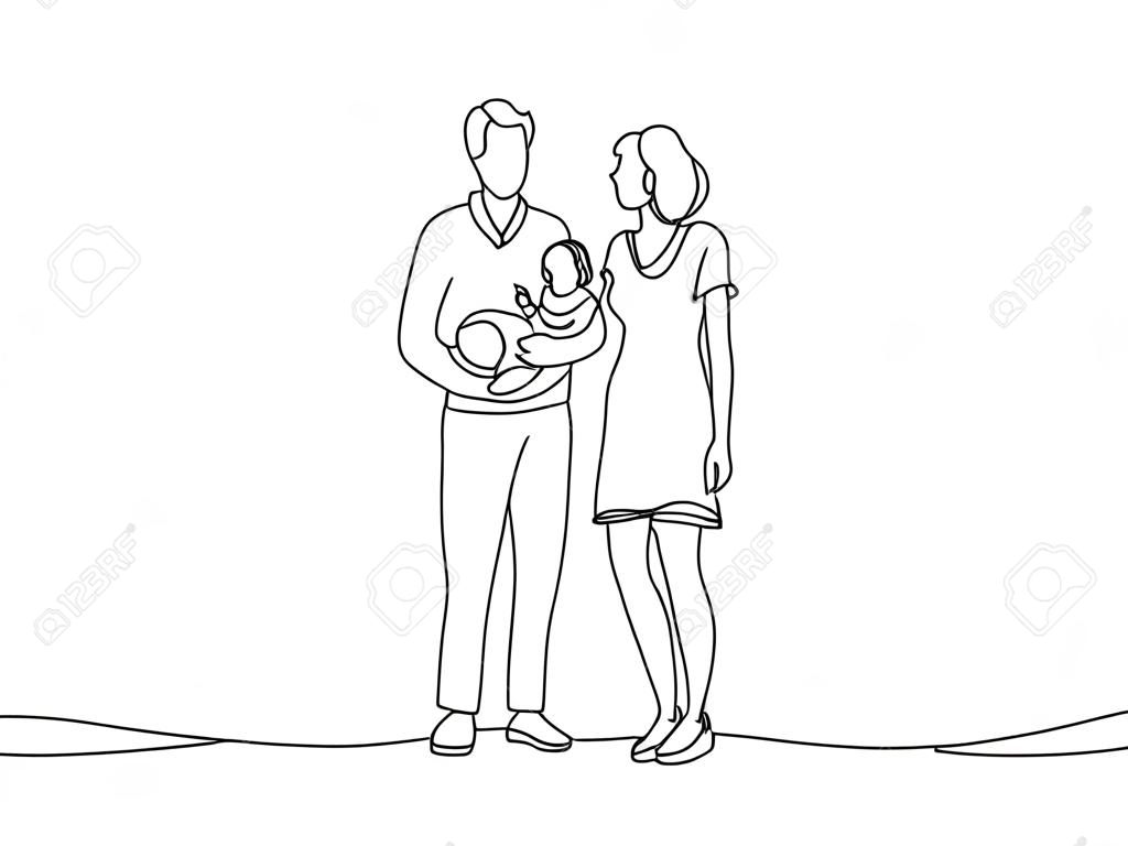 Un dibujo de línea continua de una joven y feliz mamá y papá sosteniendo a su bebé juntos llenos de calidez. Concepto de familia feliz. ilustración vectorial