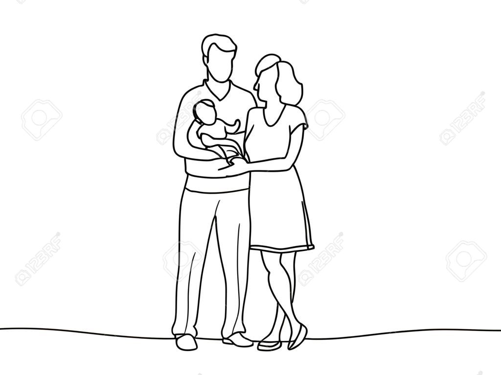 Un dibujo de línea continua de una joven y feliz mamá y papá sosteniendo a su bebé juntos llenos de calidez. Concepto de familia feliz. ilustración vectorial