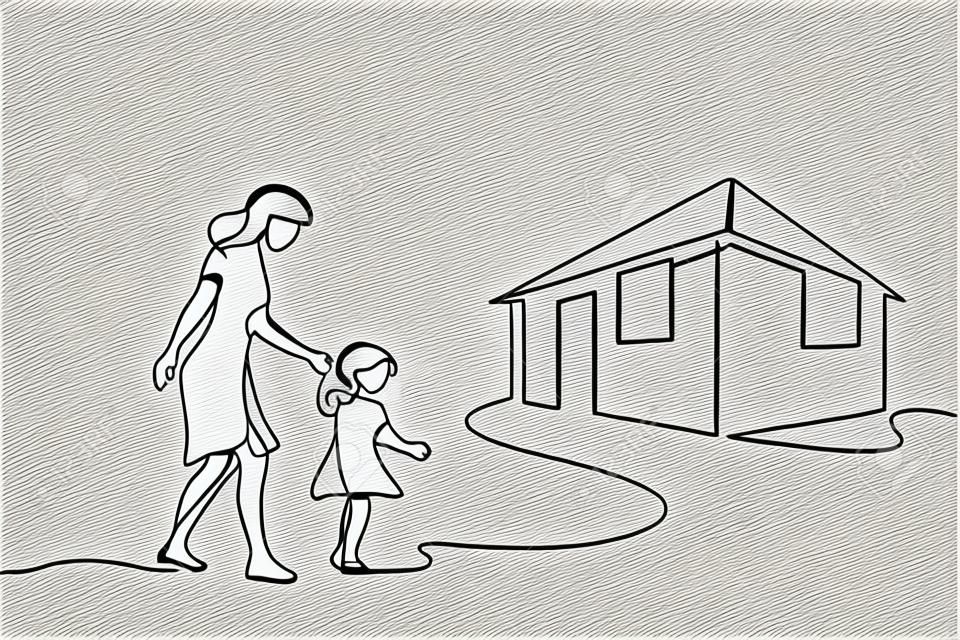 Continuous one line drawing. Mother and daughter walking together to their house. Vector illustration