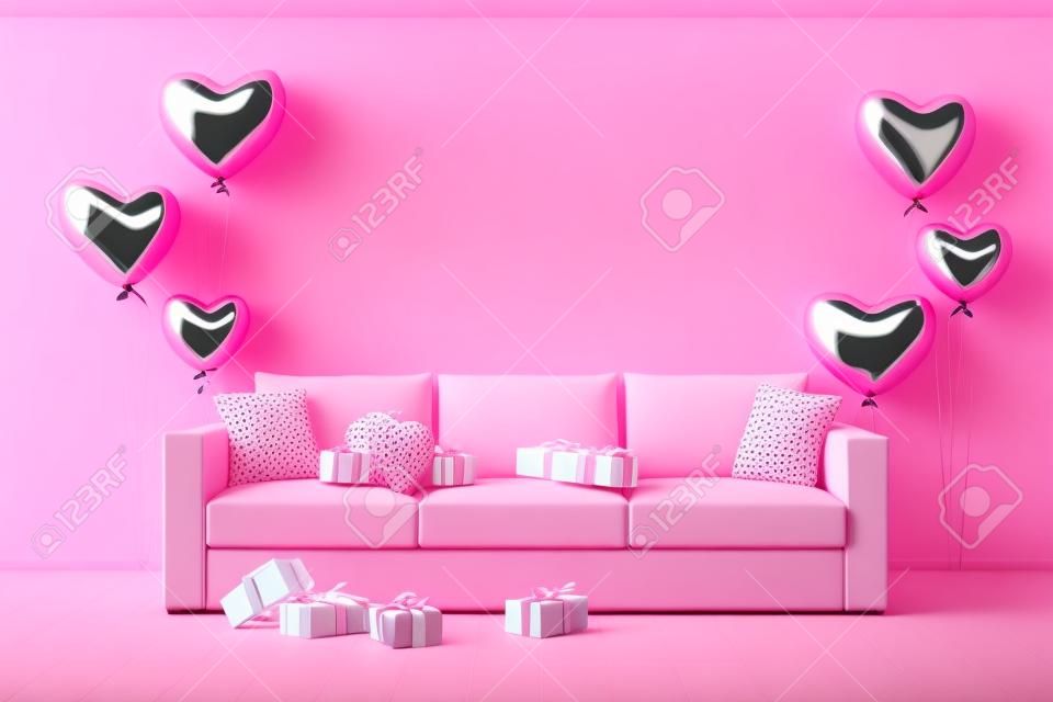Roze interieur met geschenken, hartvormige ballonnen en een bank. Valentijnsdag, 3D weergave illustratie.