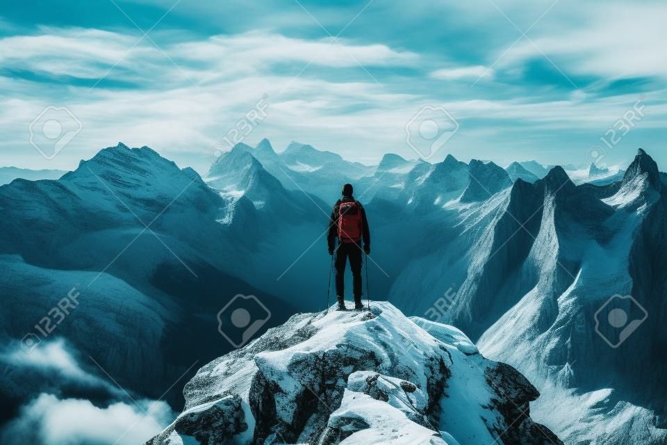 Homme debout au sommet de la montagne avec sac à dos sur le dos. IA générative.