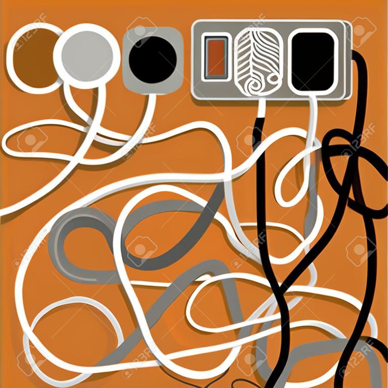 オレンジの背景に電線と充電器。いくつかの延長コードからのケーブルの混乱。ケーブル管理。
