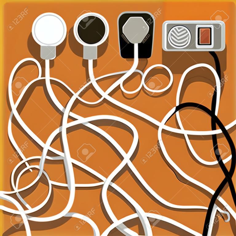 Electrical wires and chargers on orange background. A mess of cables from several extension cords. Cable management.