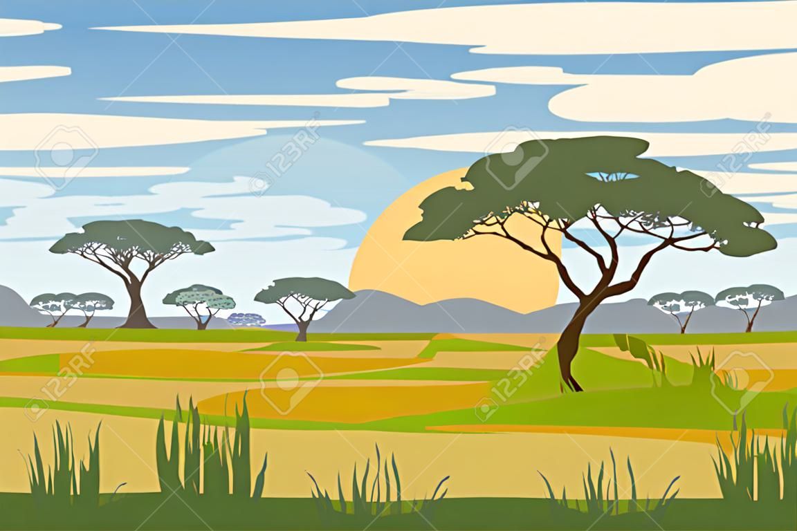 Afrikanische Landschaft, Savanne, Sonnenuntergang, Vektor, Illustration, Karikaturstil, isoliert