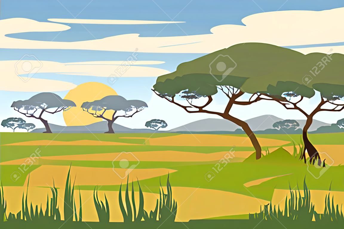 Африканский пейзаж, саванна, закат, вектор, иллюстрация, мультяшном стиле, изолированные