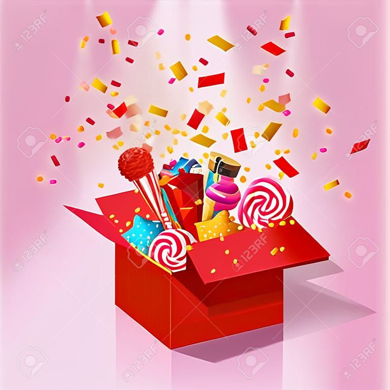 クリスマスの甘いギフトボックス。紙紙吹雪の爆発。ヤム、キャンディー、ゼリー、お菓子と3d-赤の箱を開きます