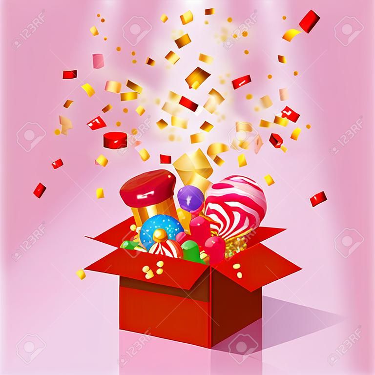 Christmas sweet gift box. Explosion of paper confetti. Open 3d-red box with yum, candy, jelly, sweets