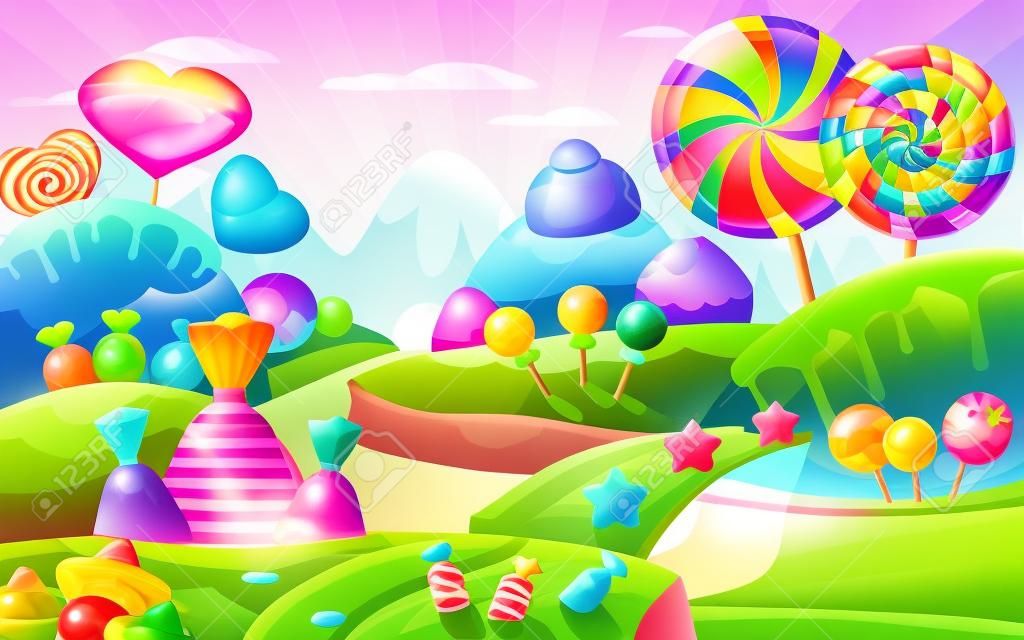 Sweet candy world fairy landscape, panorama. Sweets, candies caramel