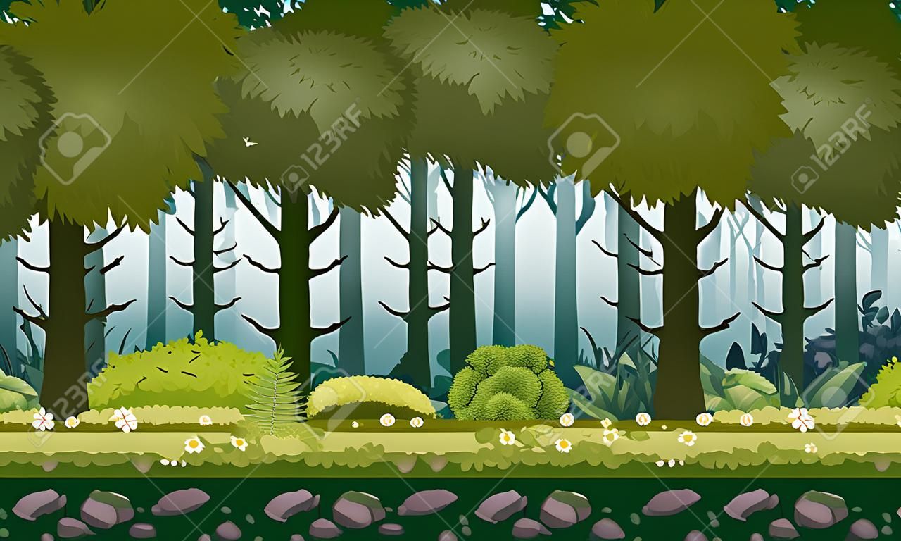 Fondo senza cuciture orizzontale del paesaggio della foresta per le app dei giochi, progettazione. Natura boschi, alberi, cespugli, flora, vettore