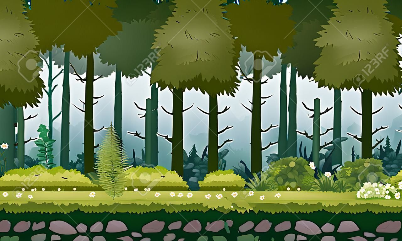 Fondo senza cuciture orizzontale del paesaggio della foresta per le app dei giochi, progettazione. Natura boschi, alberi, cespugli, flora, vettore