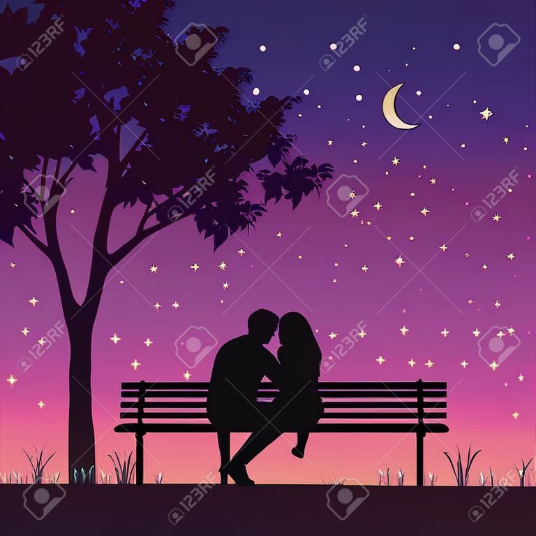 Para kochanków na ławce w parku, pod drzewem. noc, gwiazdy, księżyc. sylwetka ilustracji wektorowych