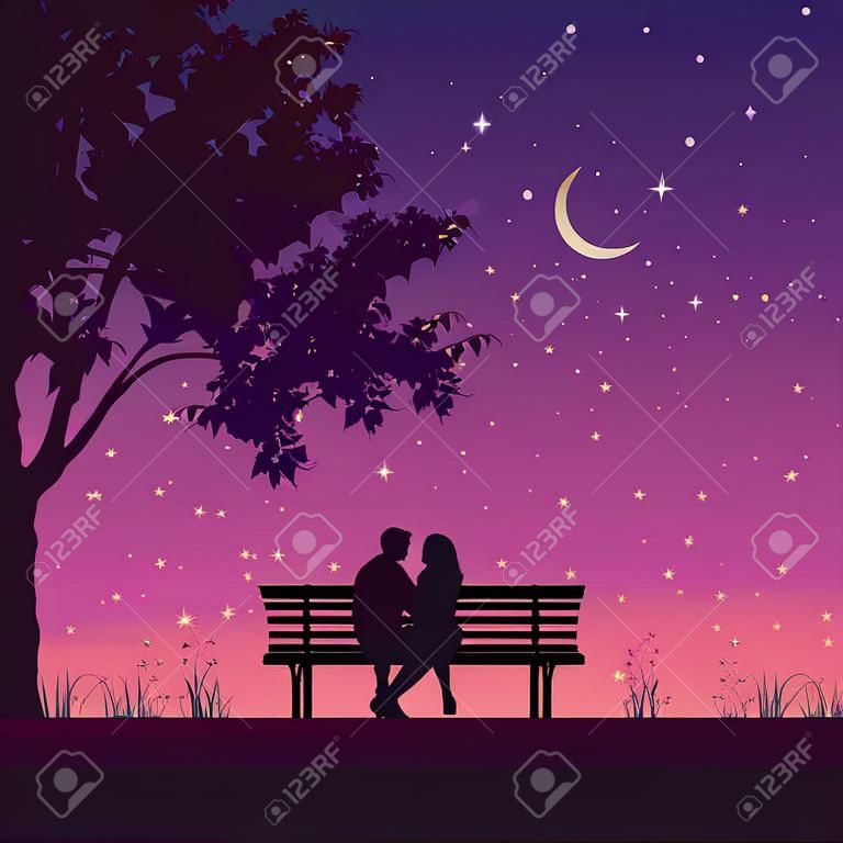 Para kochanków na ławce w parku, pod drzewem. noc, gwiazdy, księżyc. sylwetka ilustracji wektorowych