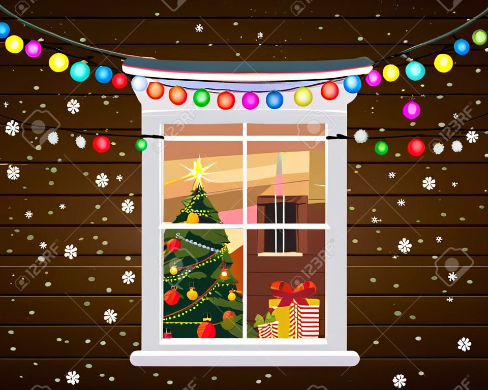 Merry Chrismas, window, night, decoraions garland retro, living room christmas tree. Xmas and new Year holiday celebration. Vector illustration flat cartoon style