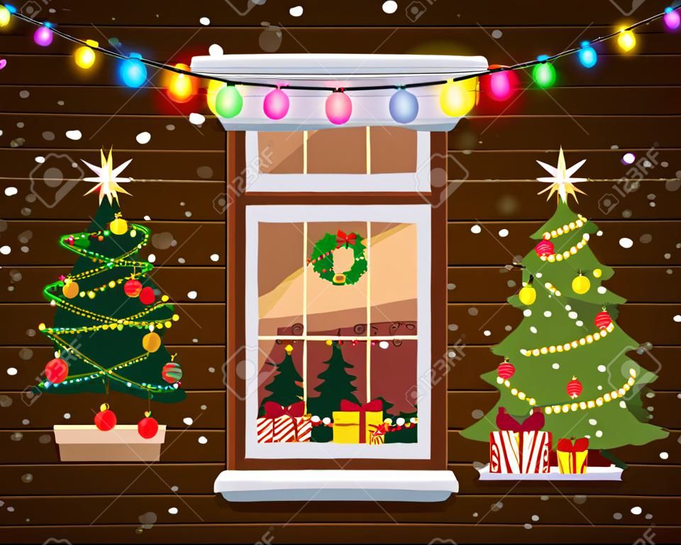 Merry Chrismas, window, night, decoraions garland retro, living room christmas tree. Xmas and new Year holiday celebration. Vector illustration flat cartoon style