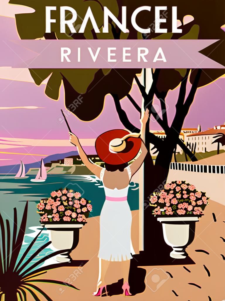 Bonita dama de vacaciones en la costa de la riviera francesa cartel vintage