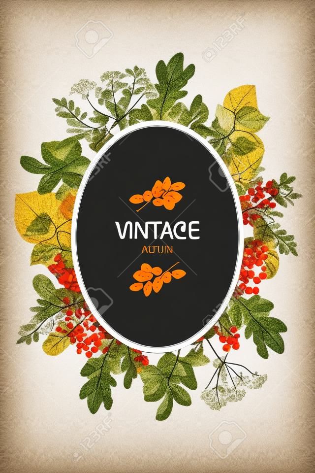 Autumn mood. Vector vintage card. Frame with small wild forest plants and berries. Black and White.