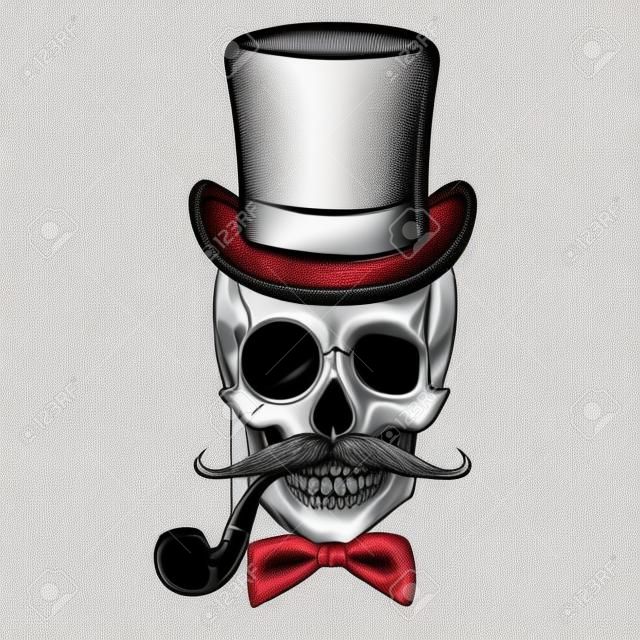 Gentleman Hipster skull in monocle with mustache, bow tie, top hat and smoking pipe. Skull print, skull illustration isolated on white background.