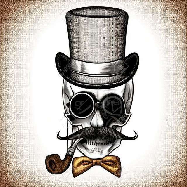 Gentleman Hipster skull in monocle with mustache, bow tie, top hat and smoking pipe. Skull print, skull illustration isolated on white background.