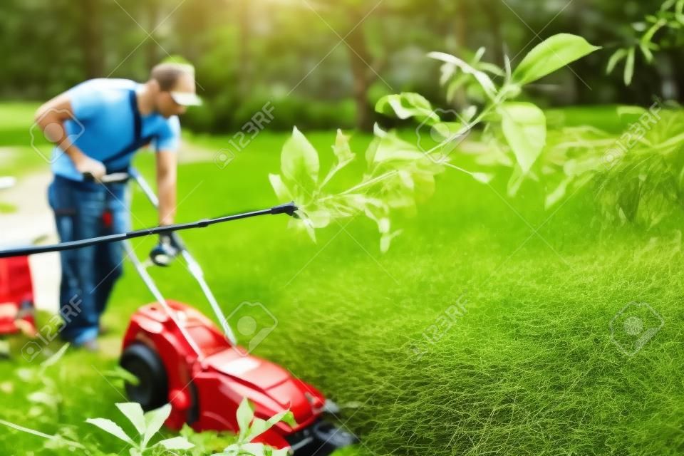 a man cutting grass with red lawn mower. working on the back yard concept.