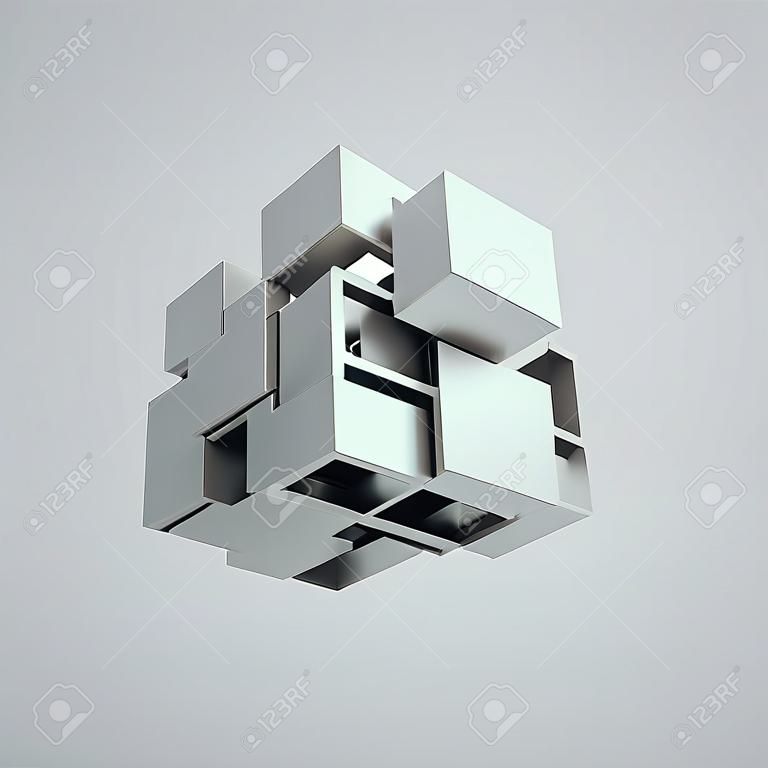 Representación abstracta 3d del cubo que vuela. Forma de ciencia ficción en el espacio vacío. Fondo futurista