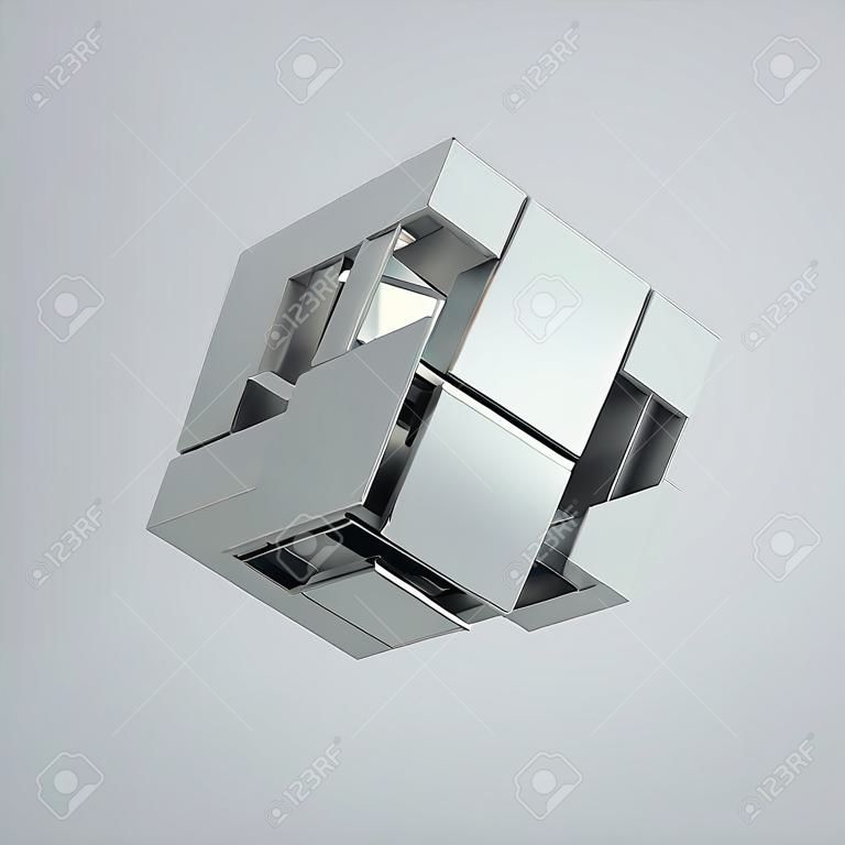 Abstract 3d rendering of flying cube. Sci fi shape in empty space. Futuristic background.