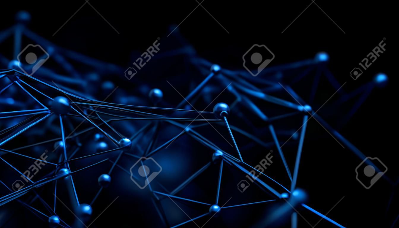 Abstract 3d rendering of chaotic structure. Plexus background with lines and polygonal spheres in empty space. Futuristic shape. Network concept. Modern design for banner, poster, placard.