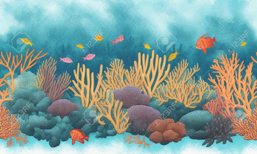Kézzel készített víz alatti természeti elemek. Korallzátony vízszintes határon. Élénk zökkenőmentes minta készült korallok és úszás halak. Alatti alsó textúra.