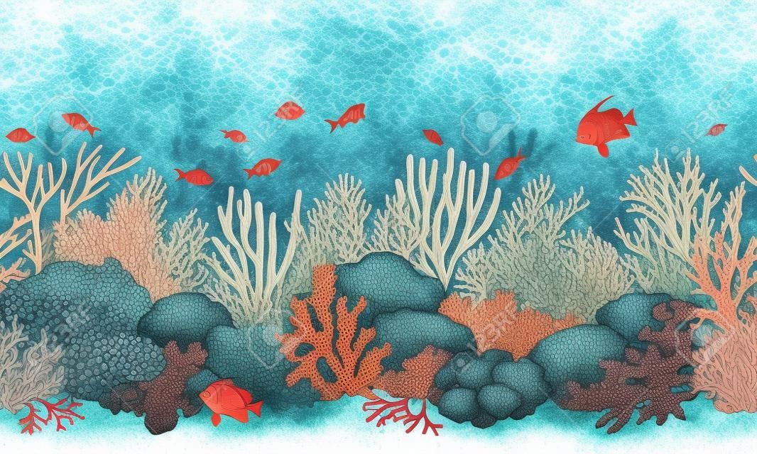 Hand gezeichnete Unterwasser natürliche Elemente. Korallenriff horizontale Grenze. Vivid nahtlose Muster mit Korallen und Schwimmen Fische gemacht. Unterwasser-Bodentextur