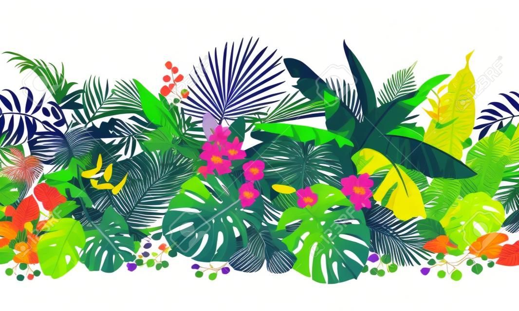 Padrão horizontal feito com folhas coloridas e flores de plantas tropicais