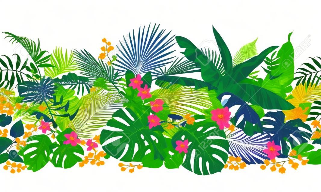 Horizontal pattern made with colorful leaves and flowers of tropical plants