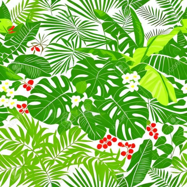 Бесшовный узор из тропических листьев и цветов на белом фоне. Пучки зеленых экзотических растений и пальмовых листьев. Текстура листвы тропического леса. Векторная иллюстрация плоский.