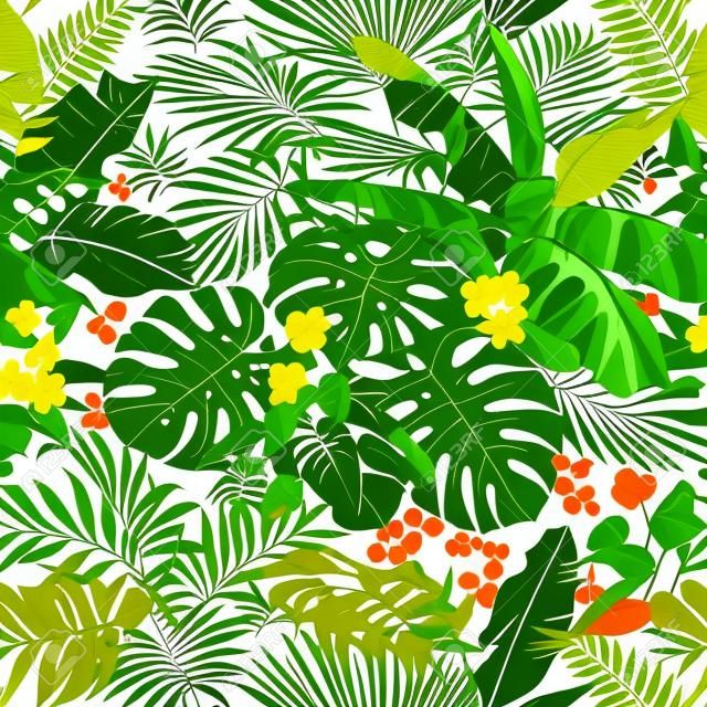 Seamless pattern made with tropical leaves and flowers on white background. Bunches of green exotic plants and palm fronds. Rainforest foliage texture. Vector flat illustration.
