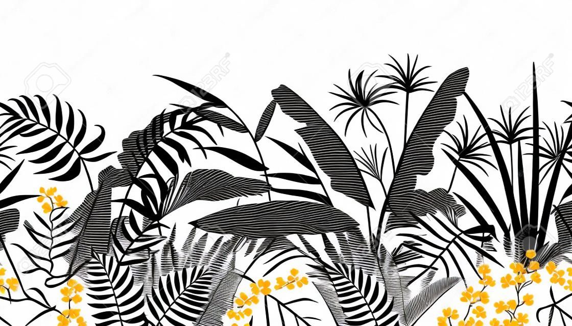 Seamless line horizontal pattern made with tropical plants silhouette. Black and white floral texture with flowers and leaves in row.