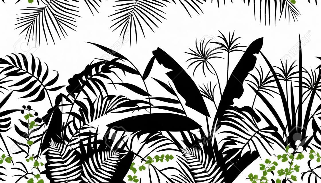 Patrón horizontal de línea transparente hecha con silueta de plantas tropicales. Textura floral blanco y negro con flores y hojas en fila.