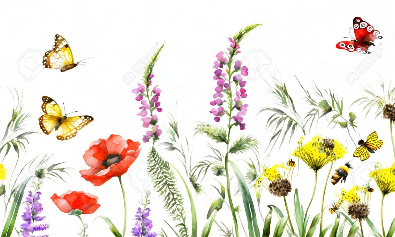 Übergeben Sie gezogene horizontale nahtlose mit Blumengrenze mit Aquarell Wildflowers, roten Mohnblumen, Bienen und Schmetterlingen. Sommermuster mit wohlriechenden Blumen, fliegenden und sitzenden Insekten auf weißem Hintergrund.