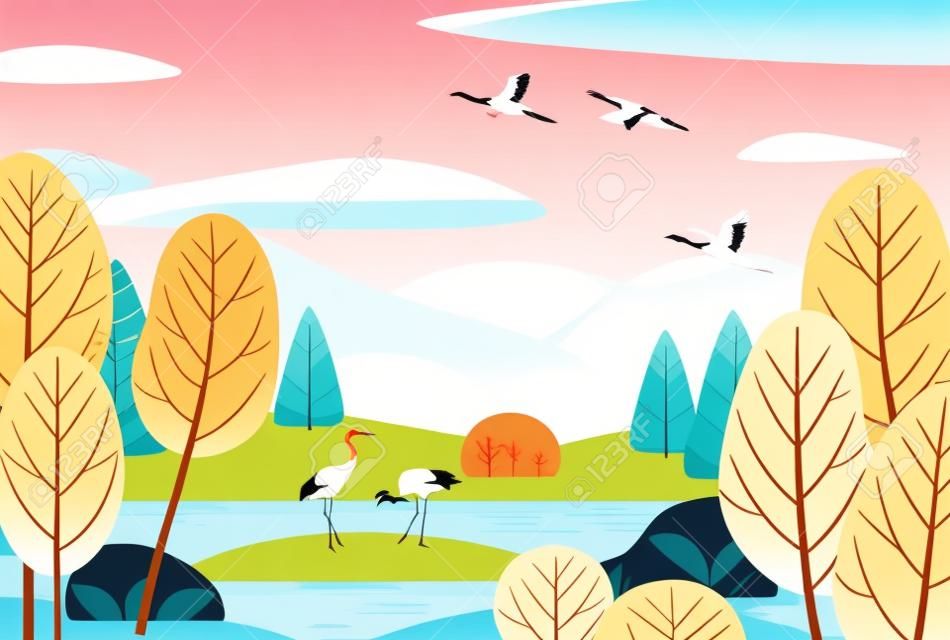 Nature background with wetland landscape and japanese cranes. Autumn scene with simple plants, trees, mountains, clouds and birds.  Vector flat illustration.