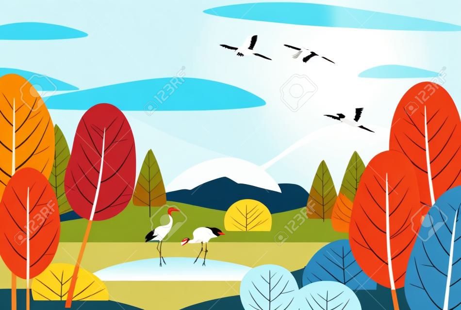 与湿地风景和日本起重机的自然背景。与简单的植物，树木，山脉，云朵和鸟类的秋天景色。矢量平面插画。