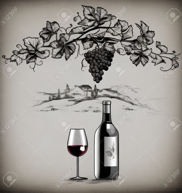 Hand drawn grape branch, wine bottle and glass on rural scene background. Monochrome vector sketch.