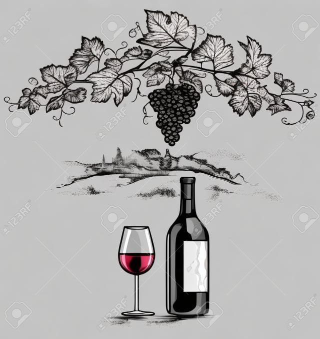 Mão desenhada ramo de uva, garrafa de vinho e vidro no fundo da cena rural.