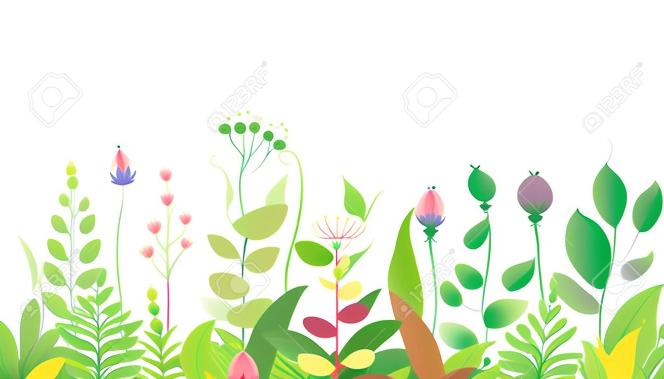 Modello verde realizzato con foglie colorate, erba e fiori in fila su sfondo bianco. Bordo floreale senza soluzione di continuità con semplici elementi di piante primaverili. Illustrazione piana di vettore.