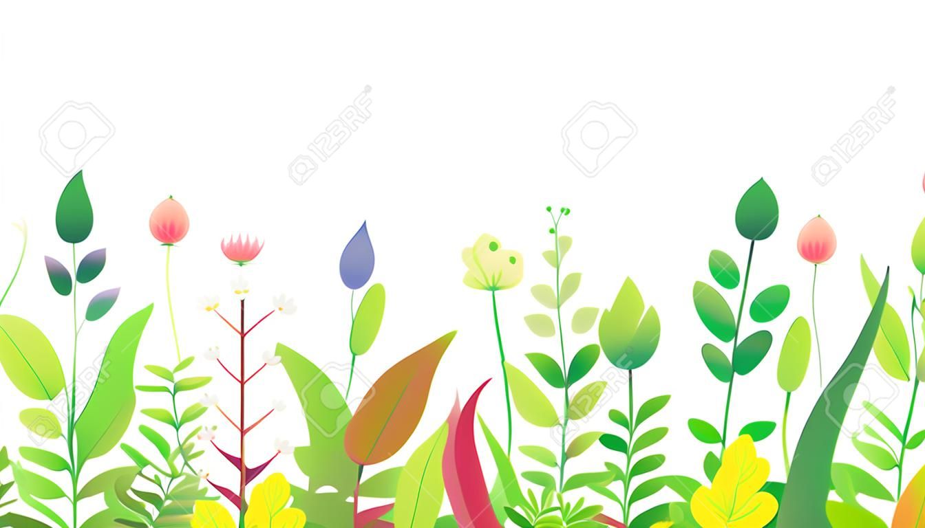 Motif vert fait avec des feuilles colorées, de l'herbe et des fleurs en rangée sur fond blanc. Bordure florale sans couture avec des éléments simples de plantes printanières. Illustration vectorielle plate.
