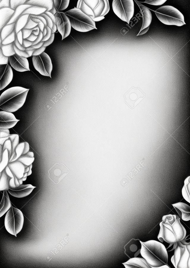 손으로 그린 장미 꽃, 꽃봉오리, 잎이 있는 흑백 우아한 테두리입니다. 연필 드로잉 흑백 꽃 구성 빈티지 스타일입니다. 청첩장, 인사말 카드, 표지 디자인.