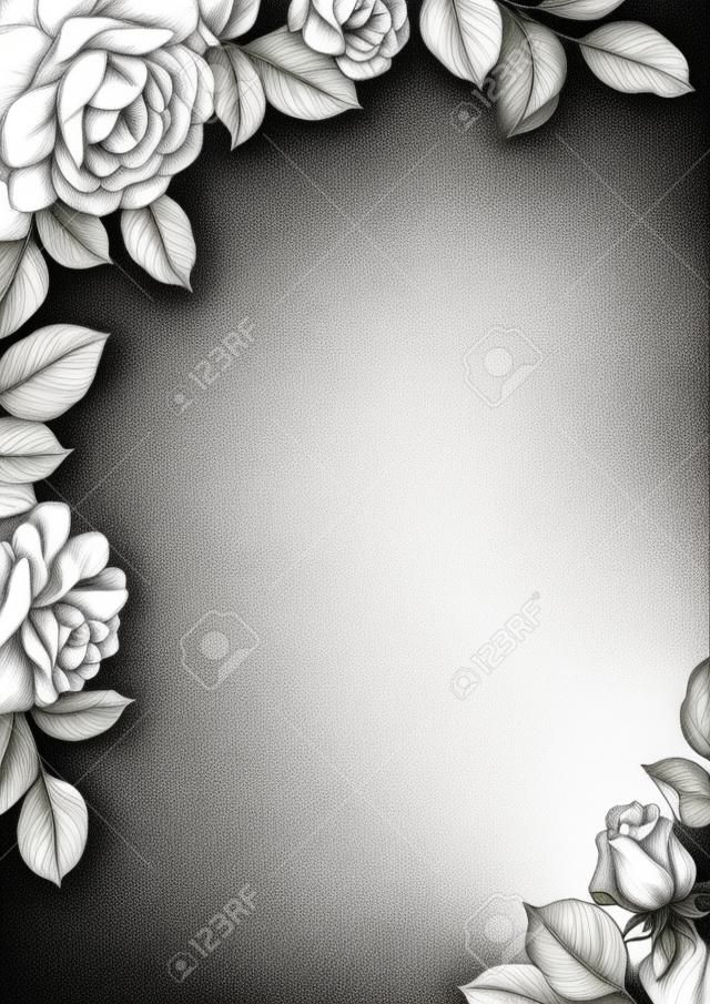 手描きのバラの花、芽や葉と黒と白のエレガントなボーダー。鉛筆はヴィンテージスタイルでモノクロの花の構図を描きます。結婚式の招待状、グリーティングカード、カバーデザイン。