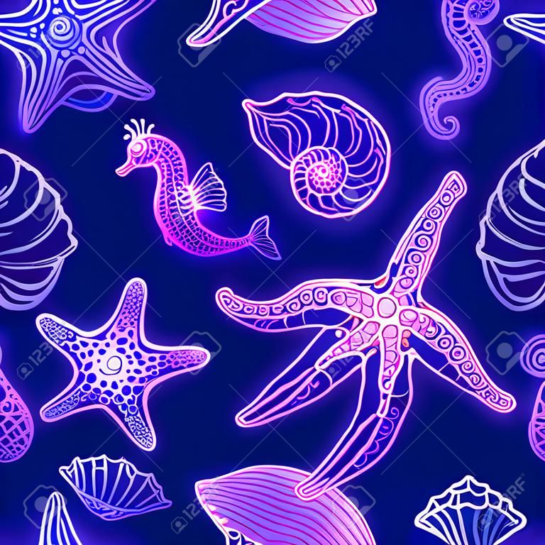 Brilhante neon ornamentado padrão sem emenda animal subaquático. Mão desenhada doodle starfish, conchas, lula, peixe e cavalo-marinho no fundo azul.