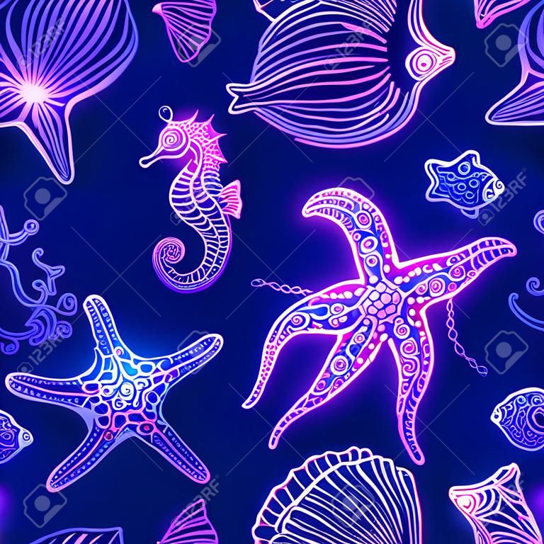 Shining neon ornate underwater animal seamless pattern. Hand drawn doodle starfish, shells, squid, fish and sea horse on blue background.